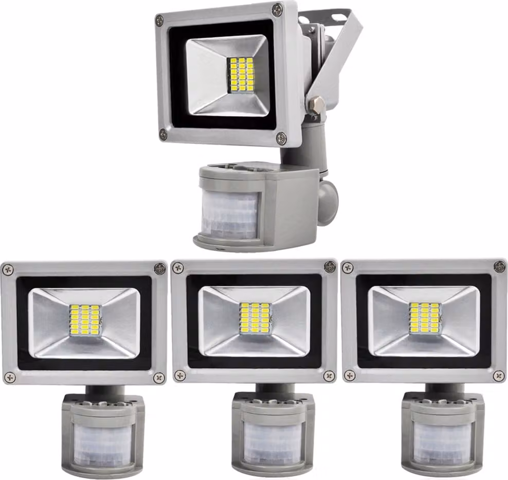 Greenmigo 4x 20W Proiettore SMD con sensore di movimento, luce bianca fredda, corpo in alluminio grigio argento, IP65, lampada LED impermeabile, applique, illuminazione diffusa, illuminazione da esterno, lampada da giardino a LED, faretto da esterno