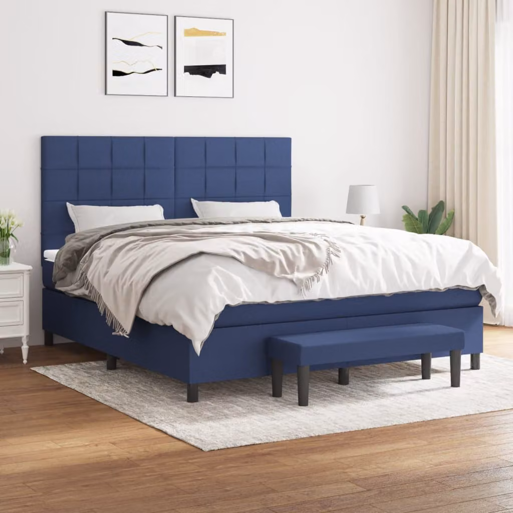 vidaXL Giroletto a Molle Ibrido con Materasso in Tessuto Blu e Bianco L/P: 180 x 200 cm – 1