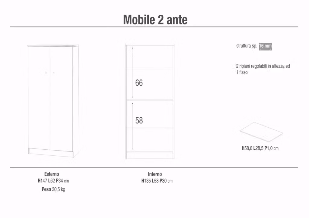 Armadio SARMOG a 2 ante con 3 ripiani interni, design moderno, colore bianco o beige, L: 62 cm, P: 34 cm, H: 147 cm – 2