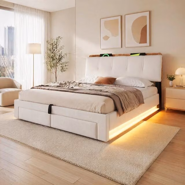 Letto imbottito 140x200 cm con contenitore, LED, USB e USB-C in lino beige HAVRYA
