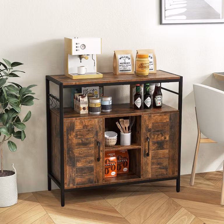 Buffet industriale Costway in legno marrone per cucina e sala da pranzo con ripiani regolabili, 2 ante e 3 ganci