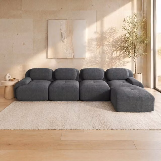 Divano angolare modulare 388x178x70 cm in velluto a coste grigio; senza montaggio HOMVRA