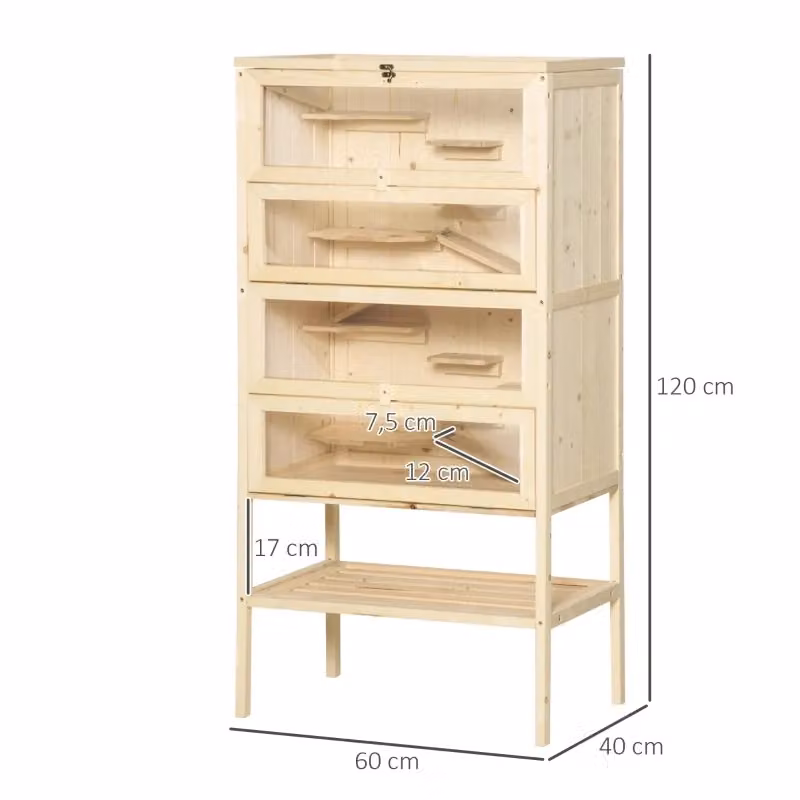 Gabbia per piccoli animali WISHDOR in legno e metallo con 5 livelli, tetto a griglia e finestre in plexiglas, colore beige, L: 60 cm, P: 40 cm, H: 120 cm – 2