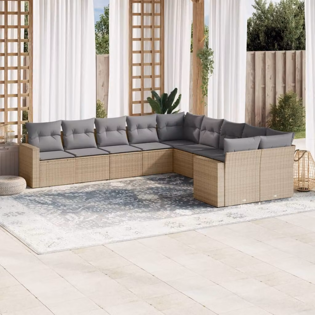vidaXL Set Divano da Giardino a L 10 pz in Polyrattan con Cuscini Beige e Struttura in Acciaio – 1