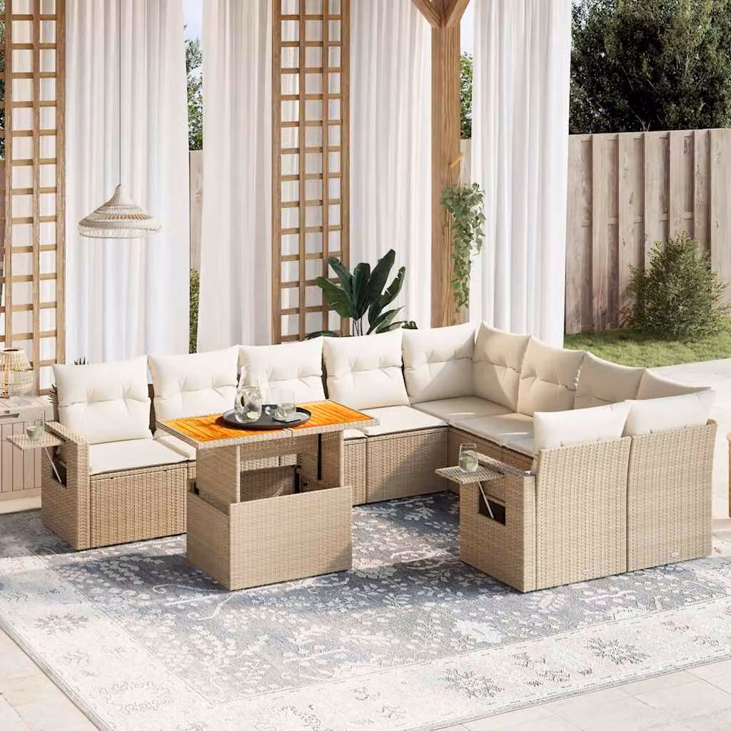 Set Divano da Giardino vidaXL 10 pz a L con Cuscini Beige in Polyrattan e Legno di Acacia – 1