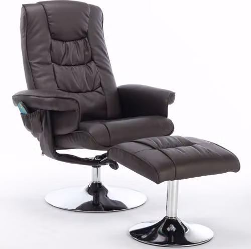 Sedia da massaggio AIORBER, con poggiapiedi, girevole a 360°, inclinabile a 135°, massaggiante e riscaldante, imbottitura inPoliuretanoe base cromata, per soggiorno studio, 79x79x106cm, marrone