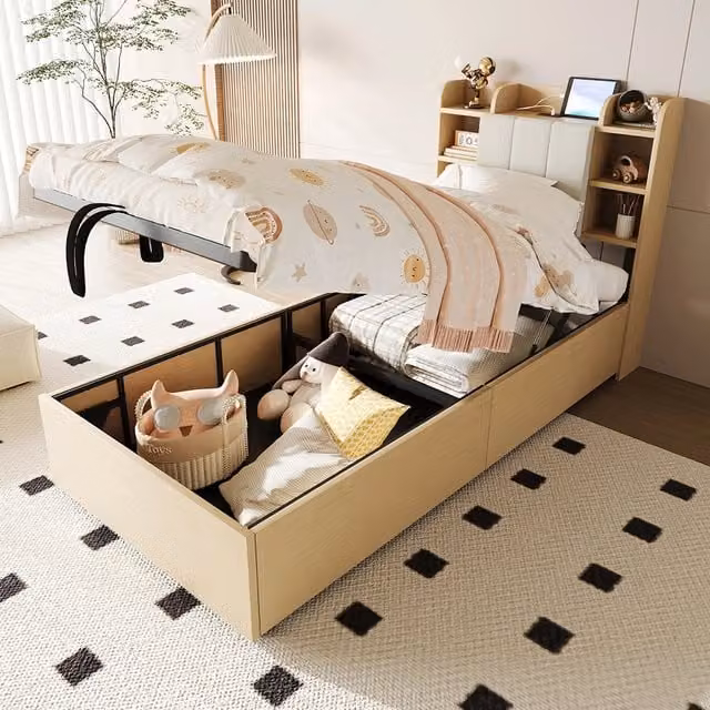 Letto-Xylo-90x200 cm-idraulico, USB-C, legno naturale