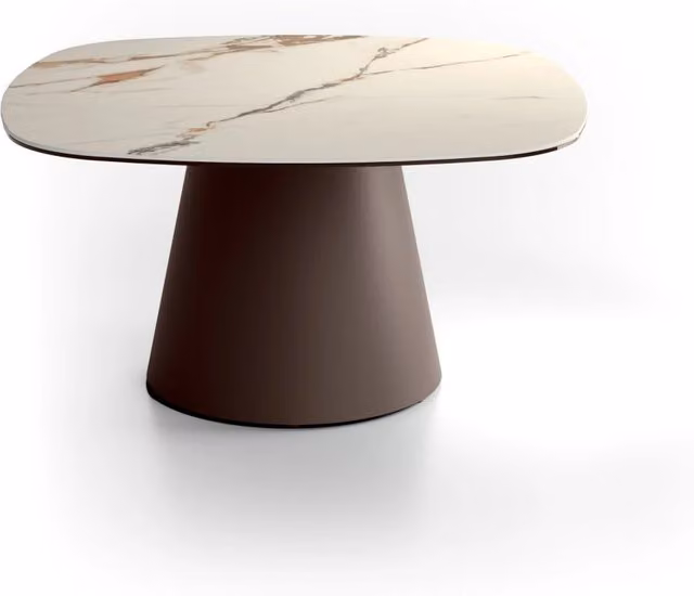 Tavolino da Salotto Pillar Big 90x90 cm con Top in Ceramica su Vetro Effetto Marmo Calacatta Borghini e Struttura in Metallo Bronzo