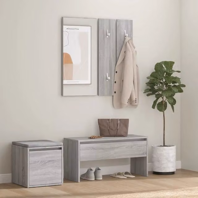 Set di mobili da corridoio moderno vidaXL in legno e plastica, colore grigio, con panca, specchio, pannello e scarpiera