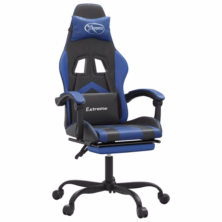 Sedia da Gaming con Poggiapiedi Nero e Blu in Pelle finta