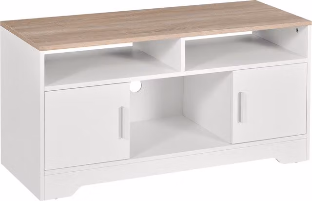 Mobile TV HOMCOM con 3 scomparti aperti e 2 armadietti, piano d'appoggio per TV fino a 42 pollici, Bianco e Legno, L 105 cm x P 40 cm x H 52 cm – 1