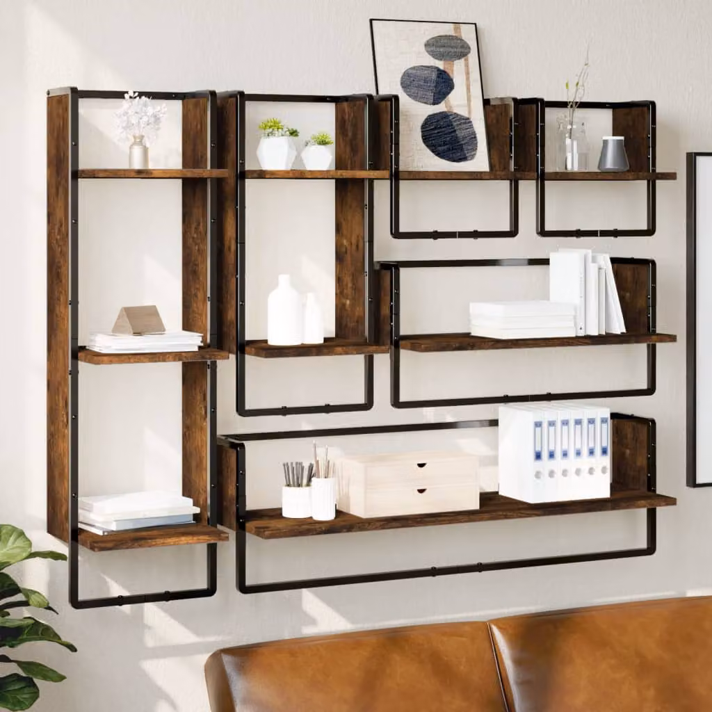Set di 6 mensole da parete vidaXL in legno multistrato e metallo, colore Rovere Fumo, stile industriale