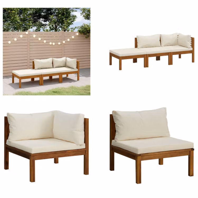 vidaXL Set salotto da giardino 3 pezzi con cuscini crema in legno massiccio di acacia - Set salotto da giardino - Set salotto da giardino - Set divano modulare - Set divano modulare
