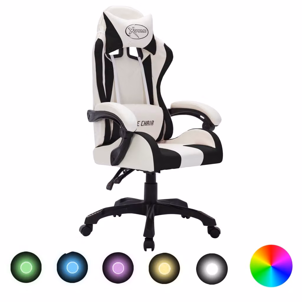 Lussuosa sedia da ufficio regolabile per gaming con luci LED RGB, in Pelle finta bianca e nera, resistente e confortevole