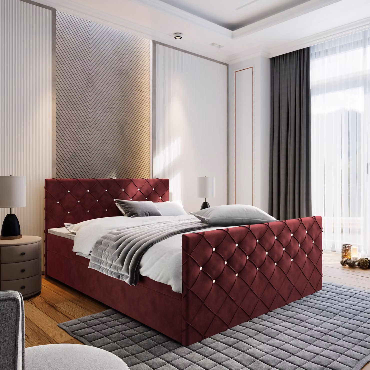 Letto boxspring Masseno MANDI 140x200 cm, set completo con materasso Bonell e topper, letto imbottito con cassetti - Rosso, MAGIC VELVET 2266