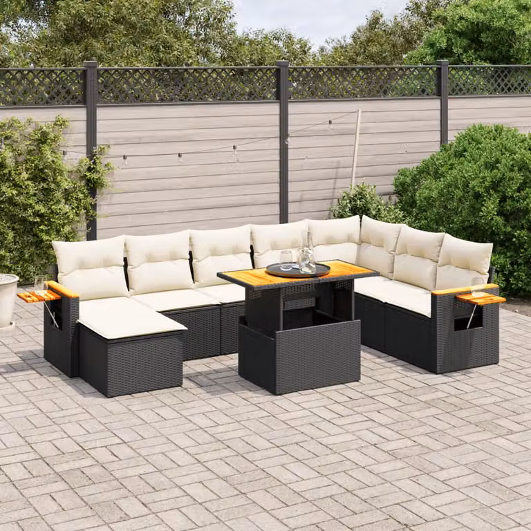 vidaXL Set Divani da Giardino 9 pz in Polyrattan Nero con Cuscini e Tavolino da Esterno