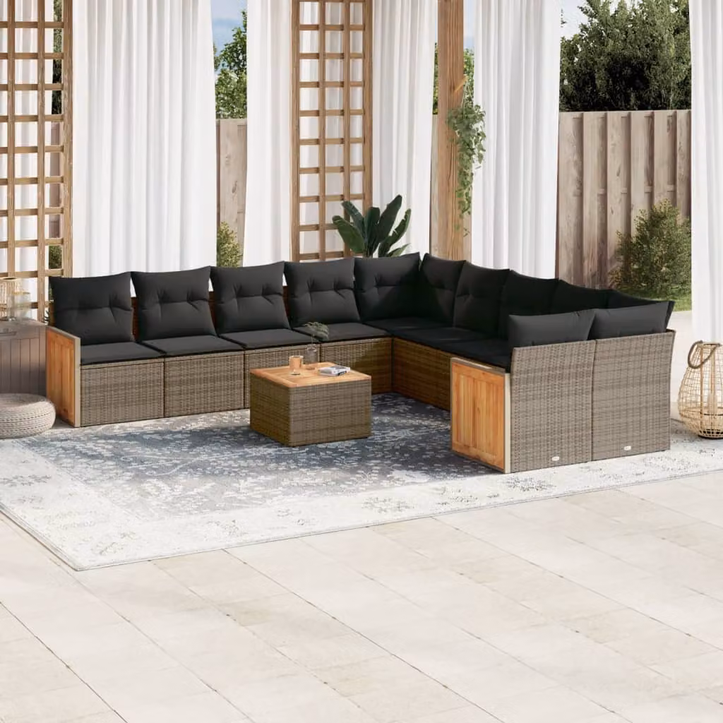 vidaXL Set Divani da Giardino 11 pz in Polyrattan Grigio con Cuscini e Tavolino