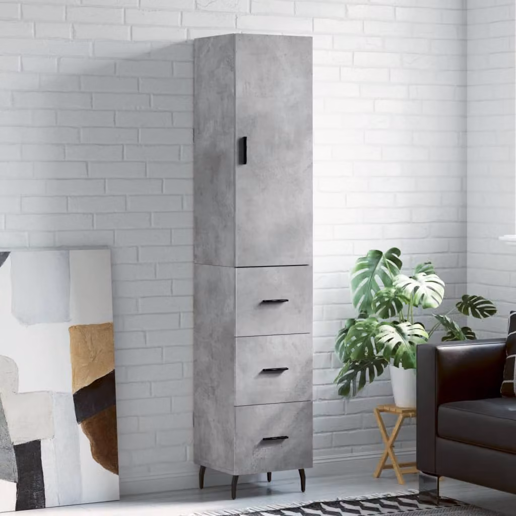 Credenza moderna vidaXL in legno multistrato e metallo, Grigio Cemento, L 34,5 cm x P 34 cm x H 180 cm
