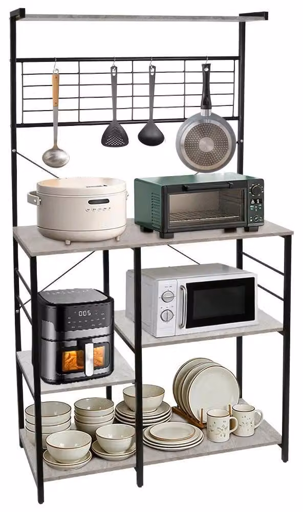 Scaffale da cucina - Scaffale portaoggetti per microonde - Stile industriale - 4 ganci a S - Legno - 90x40x40 cm - Kaki scuro