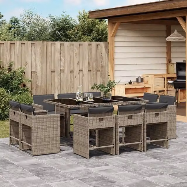 Set da Pranzo da Giardino 11pz con Cuscini in Polyrattan Grigio 3277975