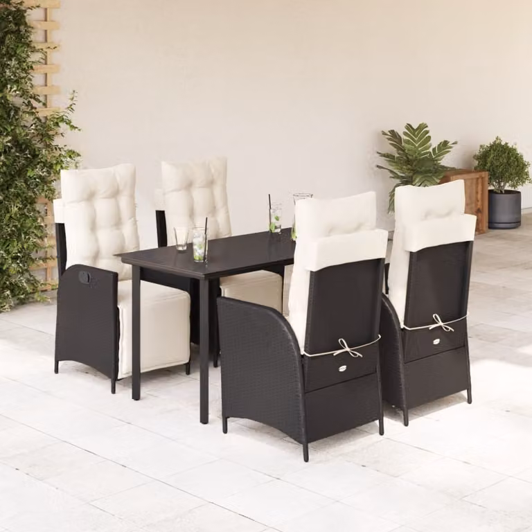 Set da Pranzo da Giardino vidaXL in Polyrattan Nero con Cuscini e Tavolo in Vetro 5 pz
