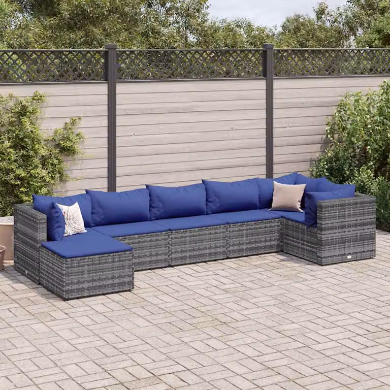 vidaXL Set Divani da Giardino 7 pz a Forma a L con Cuscini Blu e Grigio in Polyrattan e Acciaio