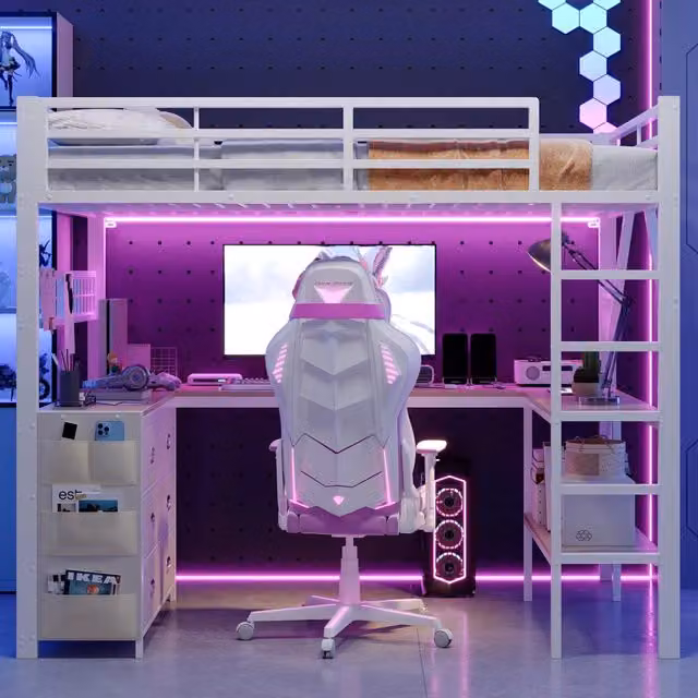 Letto a soppalco 140x200 con scrivania; LED e cassetti; bianco in metallo