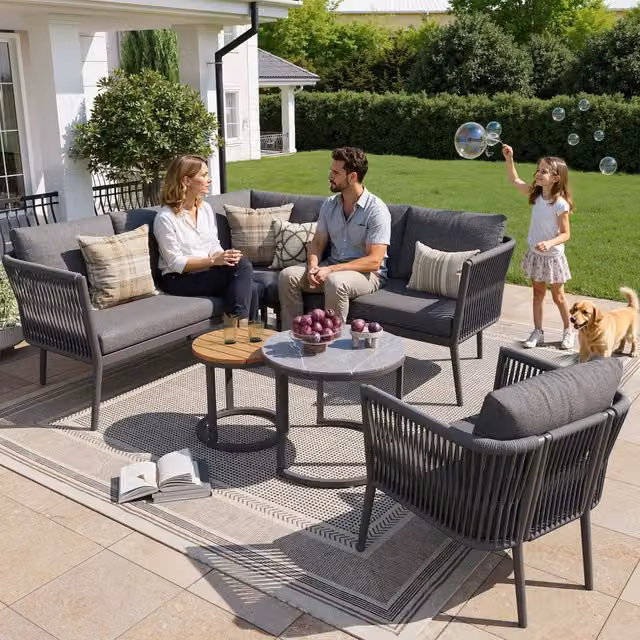 Set giardino 5-6 persone 6 pezzi: corda sedute + Divanooo angolare modulare; cuscini; terrazzo/balcone; grigio