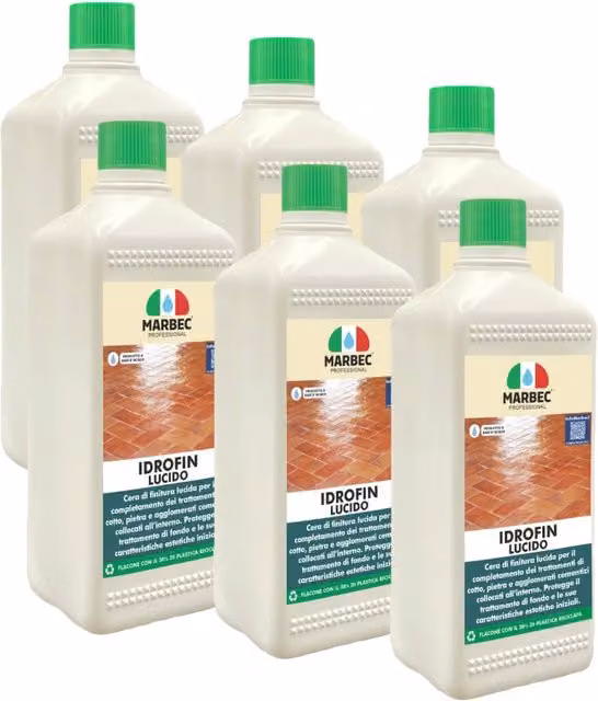 Cera per pavimenti Marbec Idrofin lucida a base acquosa colore bianco, confezione da 6 x 1 l – 1