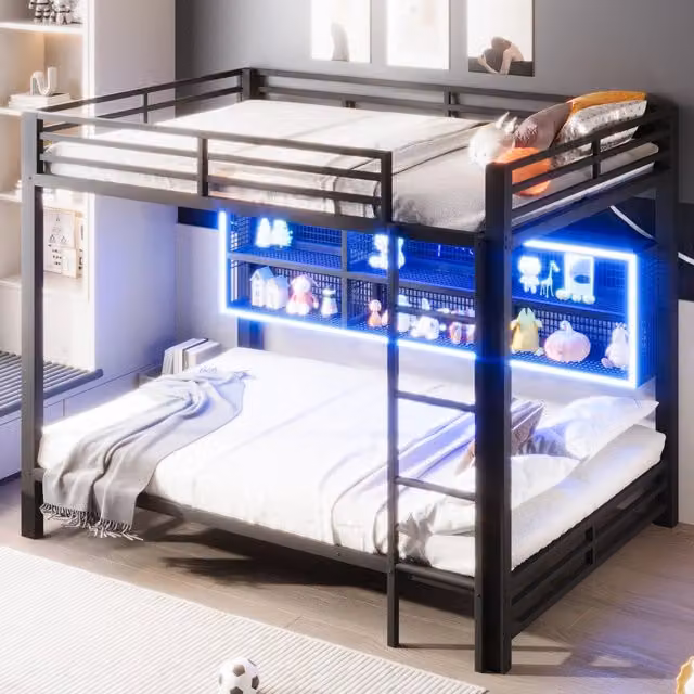 Letto a castello 140 × 200 cm con 6 armadietti laterali e LED, senza materasso, in metallo, nero