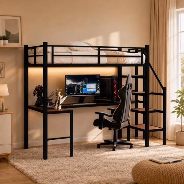 Letto a soppalco con scrivania angolare; scale con contenitori e scaffali 197x98x175;5 cm in ferro nero
