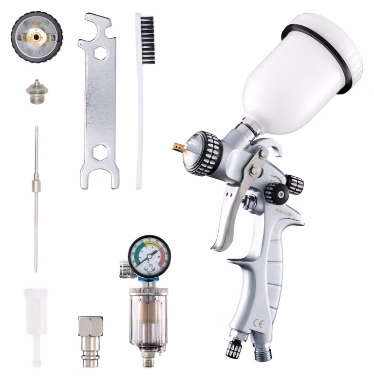 Pistola a spruzzo Benbow PK60, set da 9 pezzi, con separatore olio/acqua, ugello da 0,8 mm nel set, serbatoio da 600 ml, pressione 2 bar