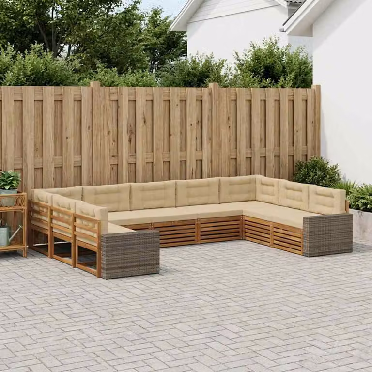 Set di divani da esterno a forma di U vidaXL in legno di acacia con cuscini, colore beige e marrone
