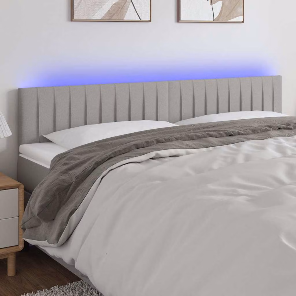 Testiera per letto vidaXL in tessuto grigio con illuminazione LED integrata e porta di ricarica USB, L: 180 cm, P: 5 cm, H: 78-88 cm