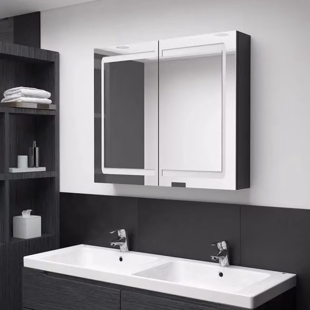 Armadietto da bagno moderno vidaXL con specchio e illuminazione LED nero lucido L: 80 cm, P: 12 cm, H: 68 cm – 1