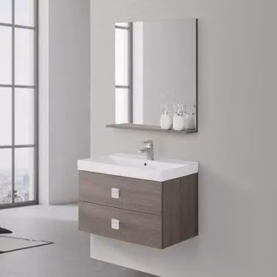 Mobile bagno sospeso Bravo in rovere marrone con lavabo, specchio e cassetti con chiusura soft-close L 75 cm x P 51 cm x H 47 cm