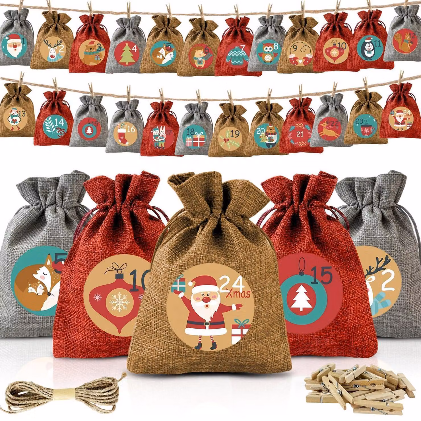 Calendario dell'Avvento da riempire, composto da 24 sacchetti di juta di 18 x 13 cm, con numeri stampati, inclusi fermagli e corda