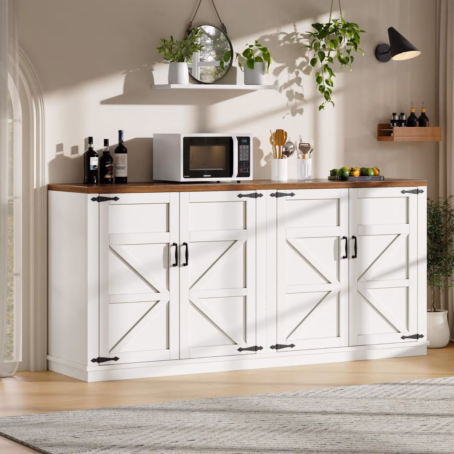 Credenza buffet, mobiletto da cucina, bianco, 160x40x85 cm, 4 ante, ripiani interni regolabili