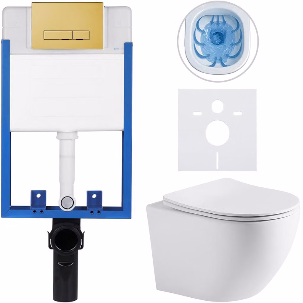 Set completo per WC sospeso Lite/Cesso - bianco opaco - pulsante per WC Slim, dorato - da incasso - 49x36 cm