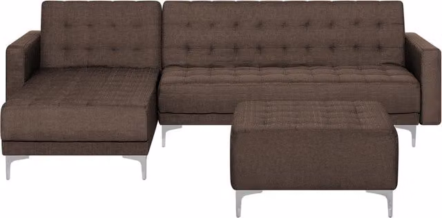 Divano letto angolare Beliani in tessuto marrone con chaise longue a destra, modello a L con funzione letto click-clack e poggiatesta regolabile, L 267 cm x P 168 cm x H 87 cm