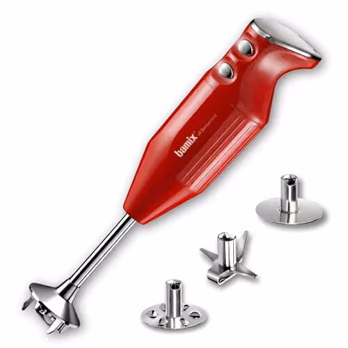 bamix Frullatore a immersione sbattitore M250 PRIME incl. lama multiuso, frusta, frullino in acciaio inox, 250 watt, 2 velocità, Made in Switzerland, Rosso/cromo