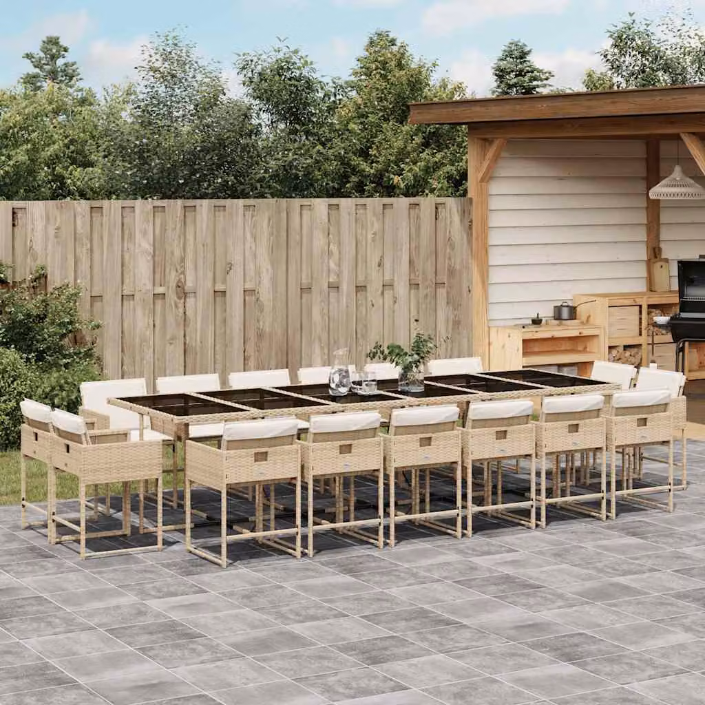 vidaXL Set da Pranzo da Giardino 17 pz in Polyrattan con Cuscini Beige e Bianco e Piano in Vetro – 1