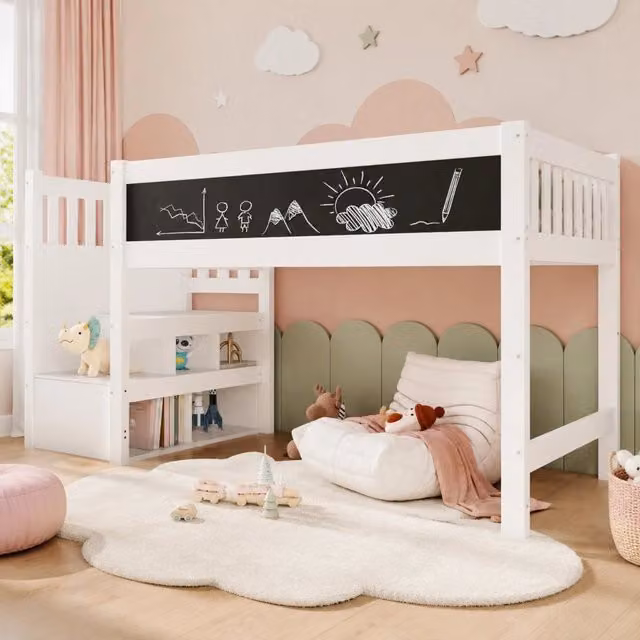 Letto a soppalco per bambini 90 x 200 cm bianco con scala contenitore e lavagna