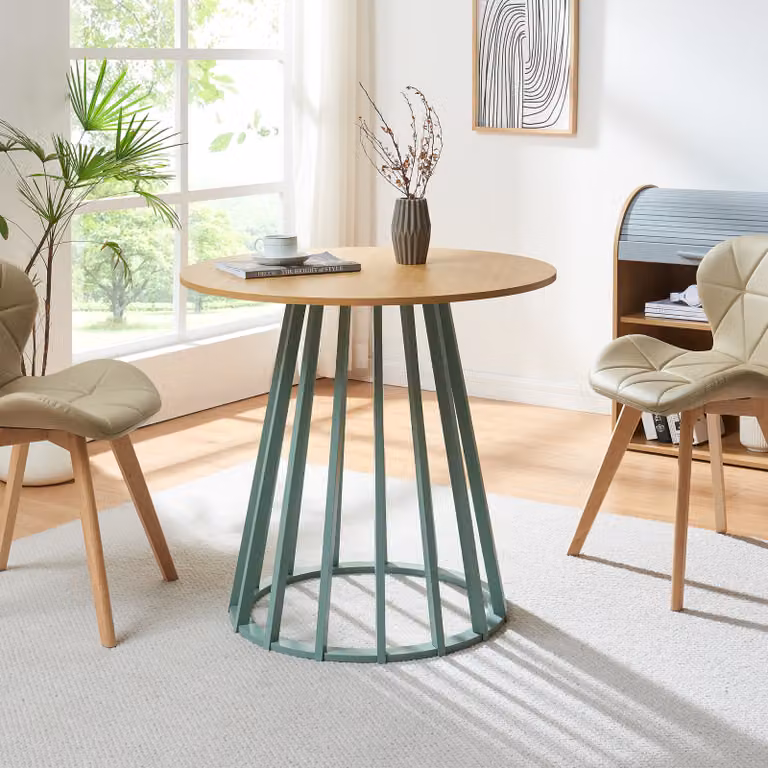Tavolo da pranzo "Lensuu" 76 x Ø80 cm Tavolo da cucina con struttura in legno Tavolo da bistrot rotondo verde pastello/effetto rovere