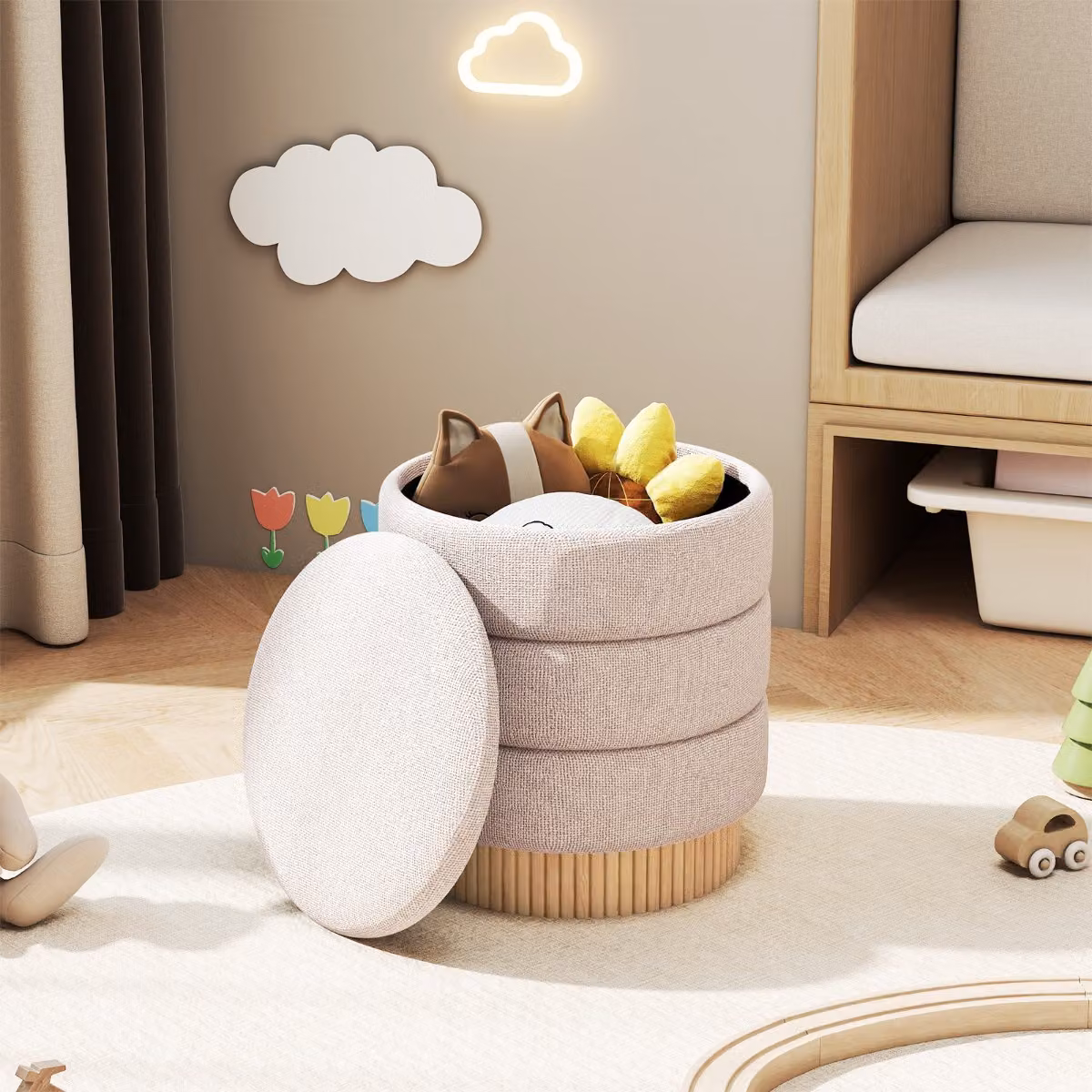 Pouf contenitore moderno Costway rotondo beige con coperchio rimovibile e base in legno