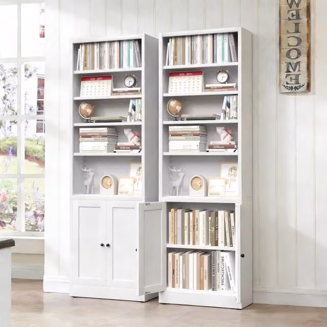 Libreria industriale MIVRAY in metallo e MDF con 5 ripiani regolabili e anta inferiore bianca opaca