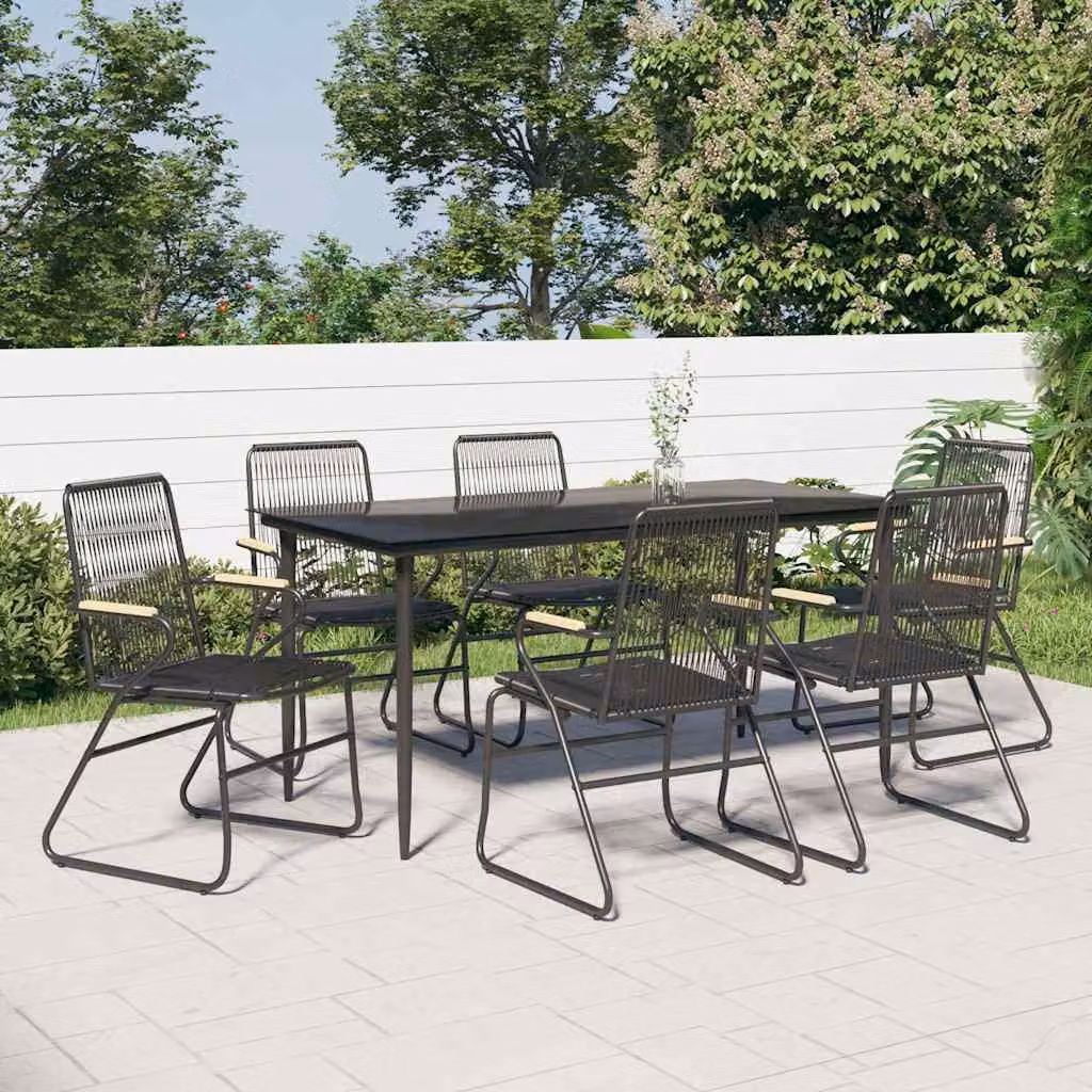 Set da pranzo da giardino vidaXL in 7 pezzi in rattan nero con piano in vetro e dettagli in legno