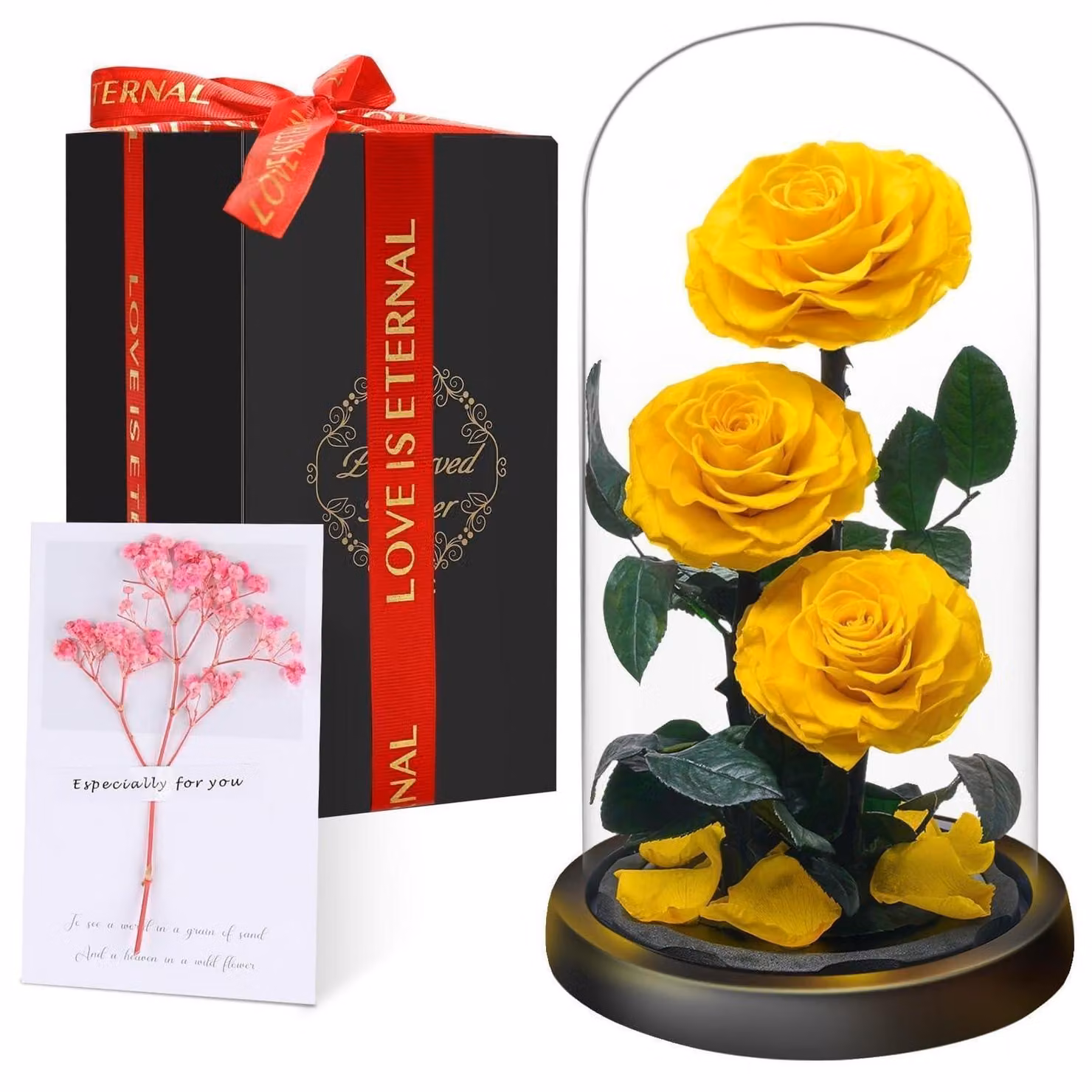 Rosa eterna in vaso, 3 rose gialle, fiore conservato, regalo per 5 anni