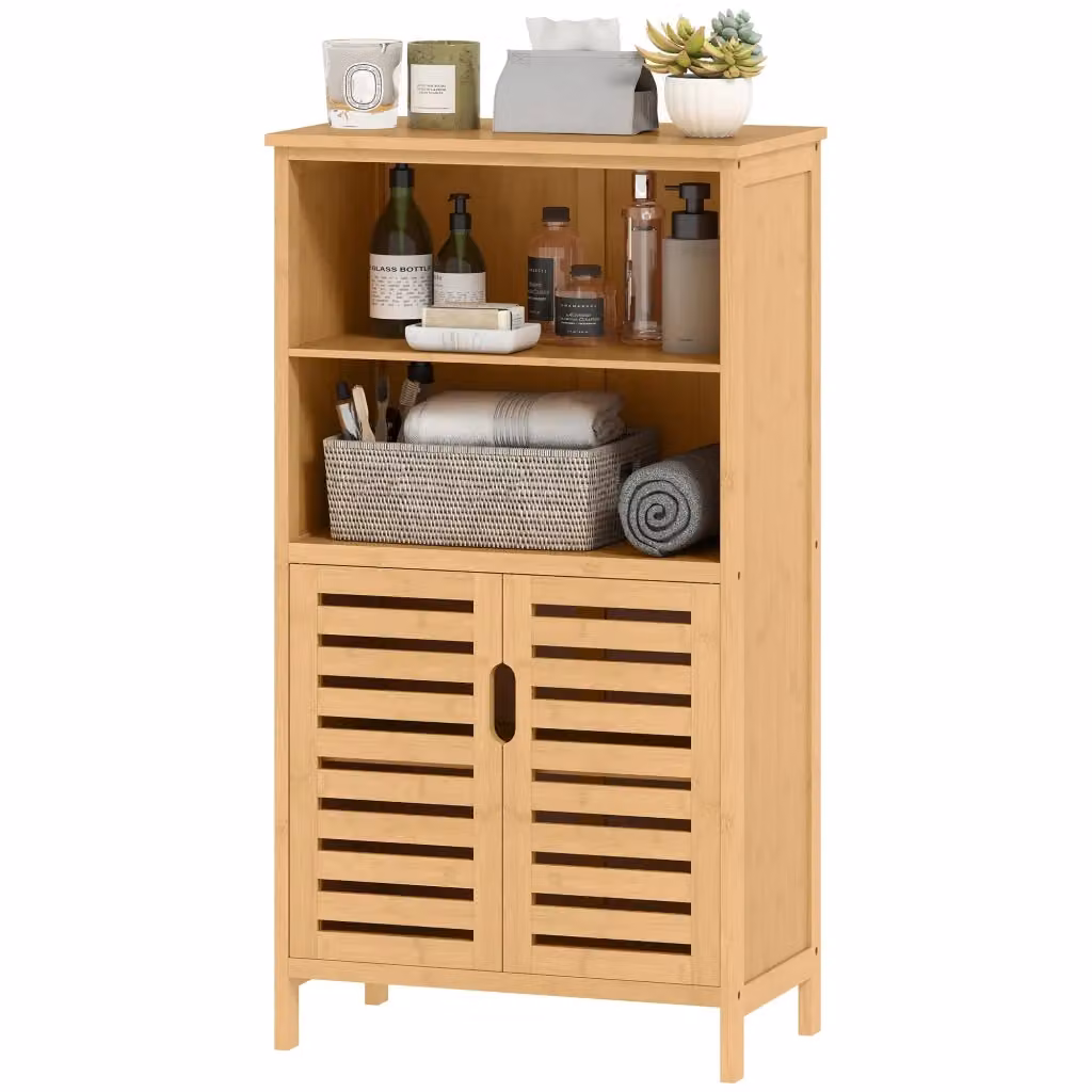 Mobile bagno in bambù Xylo con ante a persiana, 2 ripiani e 1 anta, L 50 cm x P 29 cm x H 92 cm, naturale – 2
