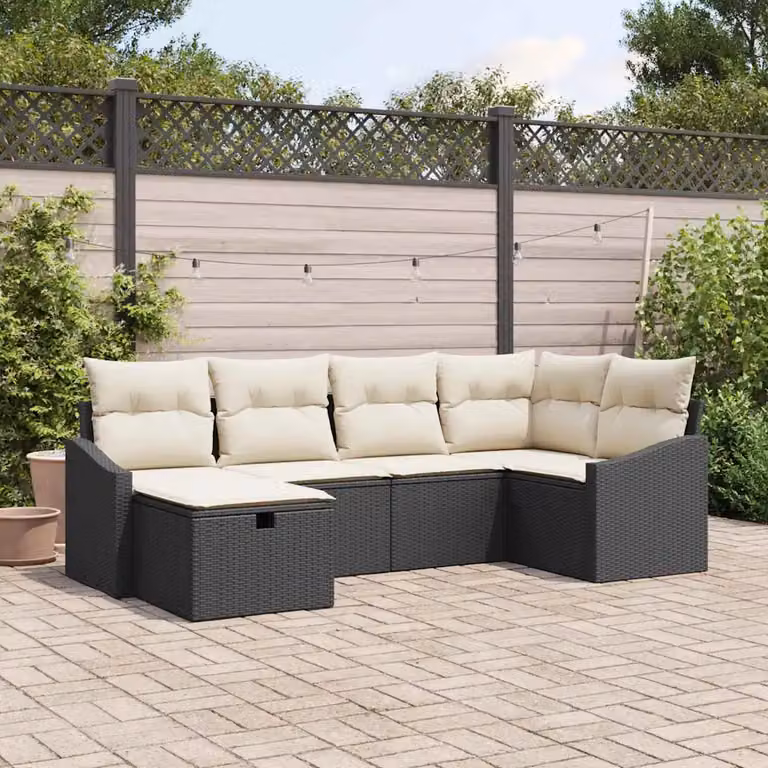 Set di divani da giardino vidaXL a forma di L composto da 6 pezzi in rattan con cuscini, colore nero e beige